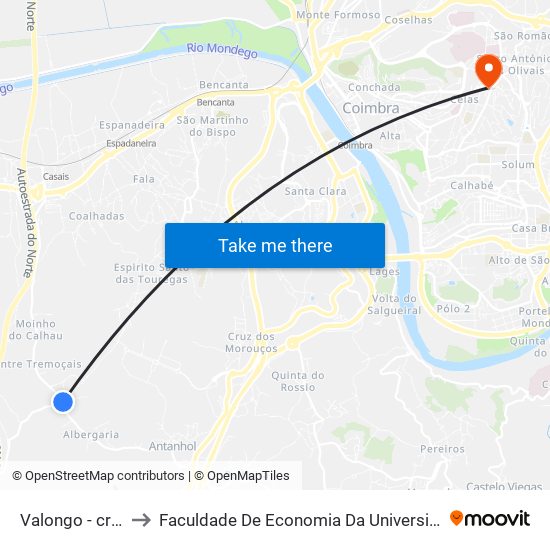 Valongo - cruzamento to Faculdade De Economia Da Universidade De Coimbra (Feuc) map