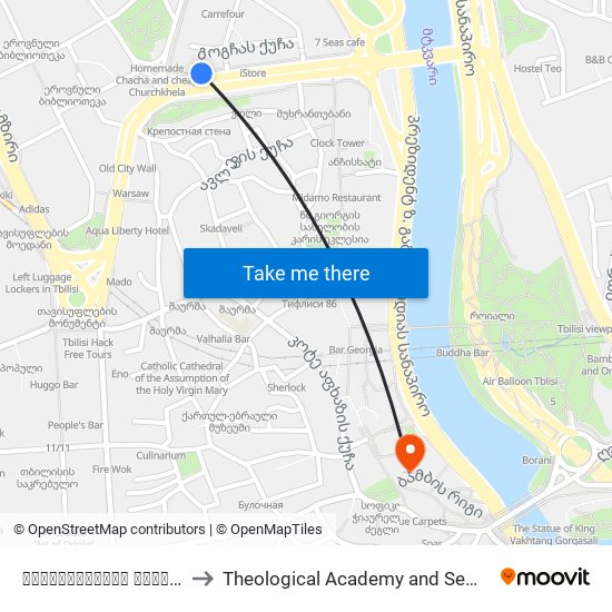 ბარათაშვილის ქუჩა Baratashvili St. Id:3065 to Theological Academy and Seminary | სასულიერო აკადემია და სემინარია map
