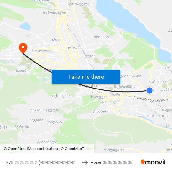 მ/ს ვარკეთილი (მიკროავტობუსები) - 20208 to Evex დიაგნოსტიკური ცენტრი map