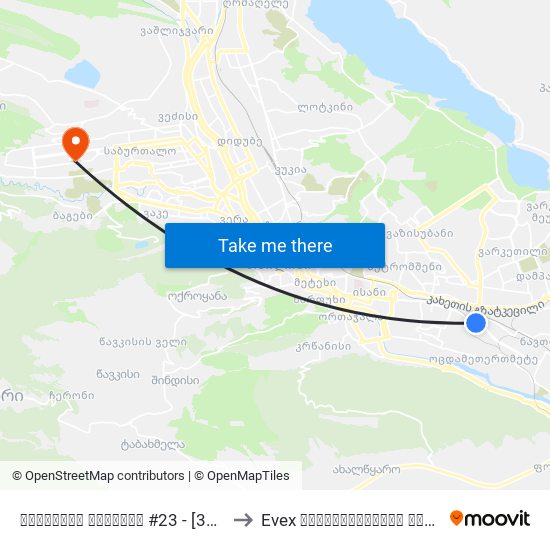 მოსკოვის გამზირი #23 - [3088] to Evex დიაგნოსტიკური ცენტრი map