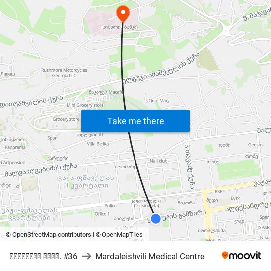 ყაზბეგის გამზ. #36 to Mardaleishvili Medical Centre map