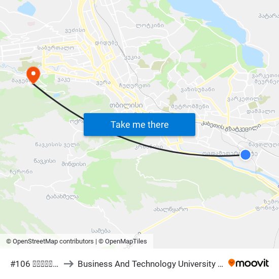 #106 საჯარო სკოლა - [1042] to Business And Technology University || ბიზნესისა და ტექნოლოგიების უნივერსიტეტი map