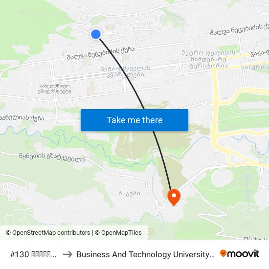 #130 საბავშვო ბაღი - [1303] to Business And Technology University || ბიზნესისა და ტექნოლოგიების უნივერსიტეტი map