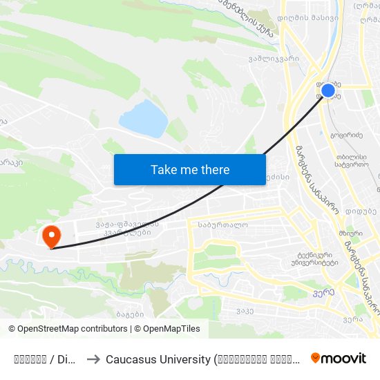 დიდუბე / Didube to Caucasus University (კავკასიის უნივერსიტეტი) map
