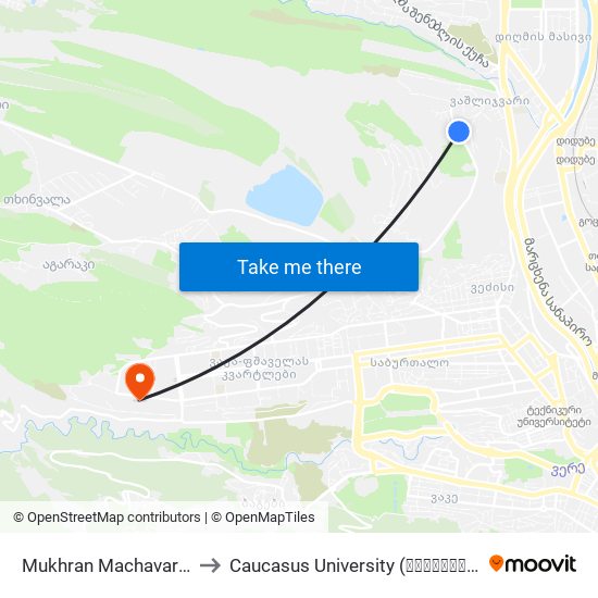 Mukhran Machavariani Street I to Caucasus University (კავკასიის უნივერსიტეტი) map