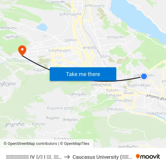 ვაზისუბნის IV მ/რ  I კვ. მე-4 კორპუსი - [1545] to Caucasus University (კავკასიის უნივერსიტეტი) map