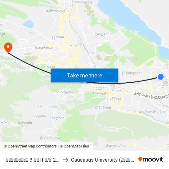 ვარკეთილი 3-ის II მ/რ 2 კორპუსი - [3133] to Caucasus University (კავკასიის უნივერსიტეტი) map