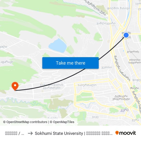 დიდუბე / Didube to Sokhumi State University | სოხუმის სახელმწიფო უნივერსიტეტი map
