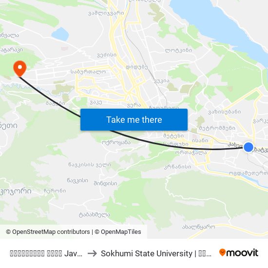 ჯავახეთის ქუჩა Javakheti Str. - Id:2169 to Sokhumi State University | სოხუმის სახელმწიფო უნივერსიტეტი map