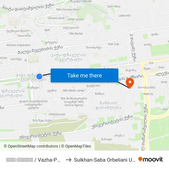 ვაჟა-ფშაველა / Vazha-Phshavela to Sulkhan-Saba Orbeliani University map