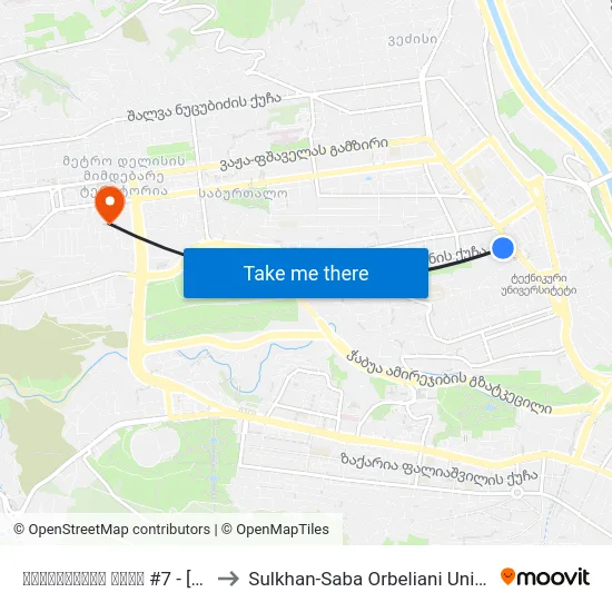 ბახტრიონის ქუჩა #7 - [1845] to Sulkhan-Saba Orbeliani University map