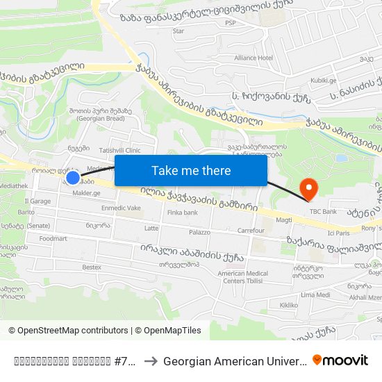 ჭავჭავაძის გამზირი #70 Id:3970 to Georgian American University (GAU) map