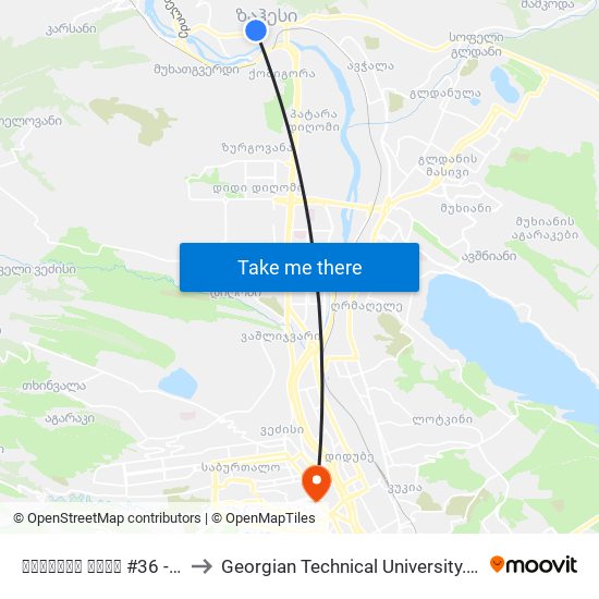 ავჭალის ქუჩა #36 - [3556] to Georgian Technical University. Campus 1 map