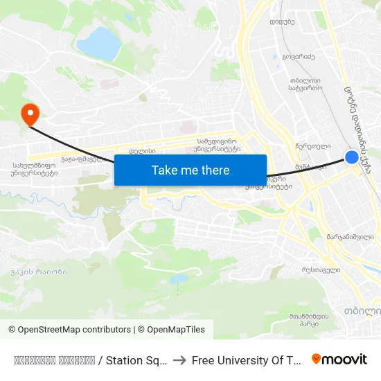 Station Square to Free University of Tbilisi map
