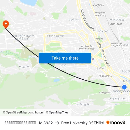 ბარათაშვილის ქუჩა - Id:3932 to Free University Of Tbilisi map