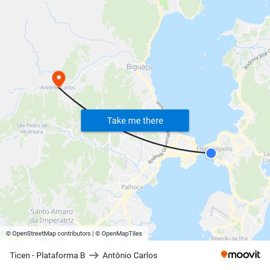 Ticen - Plataforma B to Antônio Carlos map