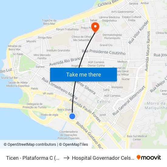 Ticen - Plataforma C (Biguaçu) to Hospital Governador Celso Ramos map