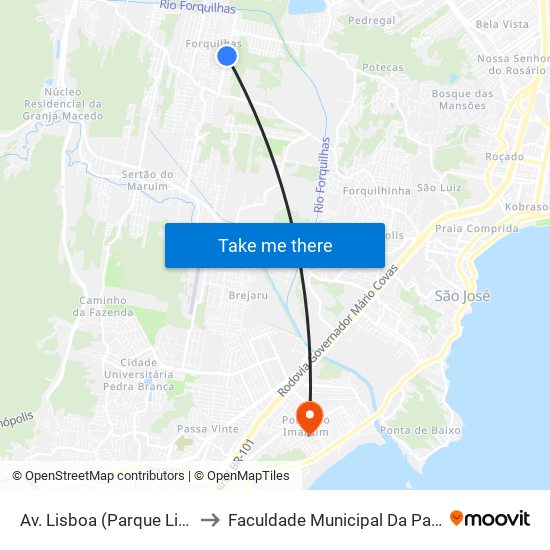 Av. Lisboa (Parque Linear) to Faculdade Municipal Da Palhoça map