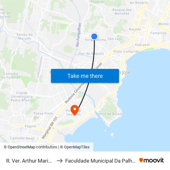 R. Ver. Arthur Mariano to Faculdade Municipal Da Palhoça map