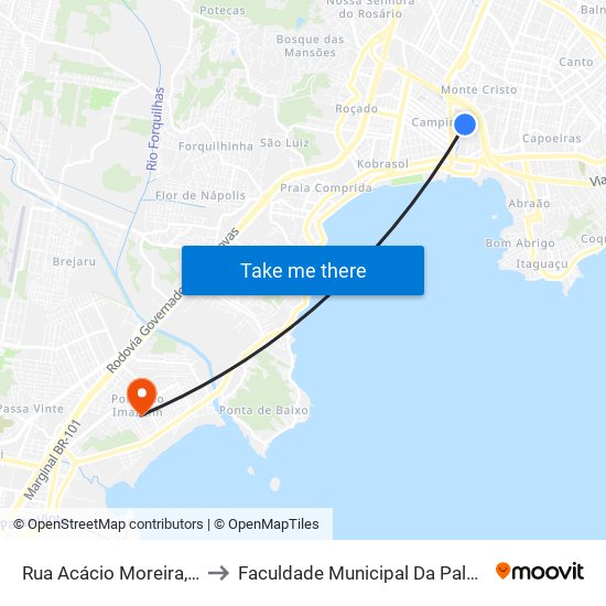 Rua Acácio Moreira, 93 to Faculdade Municipal Da Palhoça map