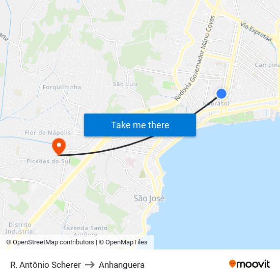 R. Antônio Scherer to Anhanguera map