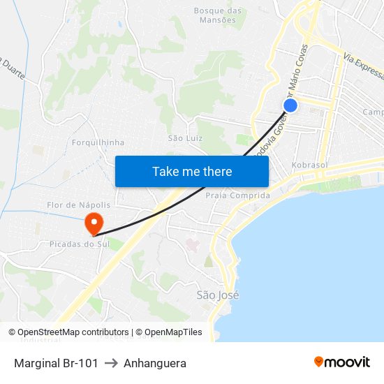 Marginal Br-101 to Anhanguera map