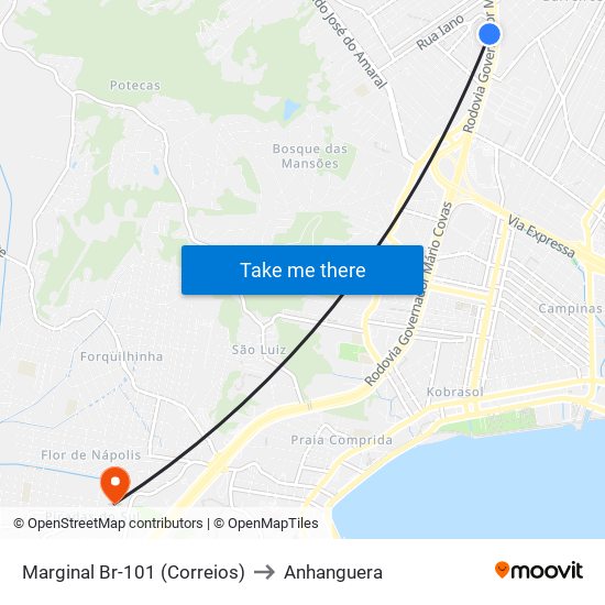 Marginal Br-101 (Correios) to Anhanguera map