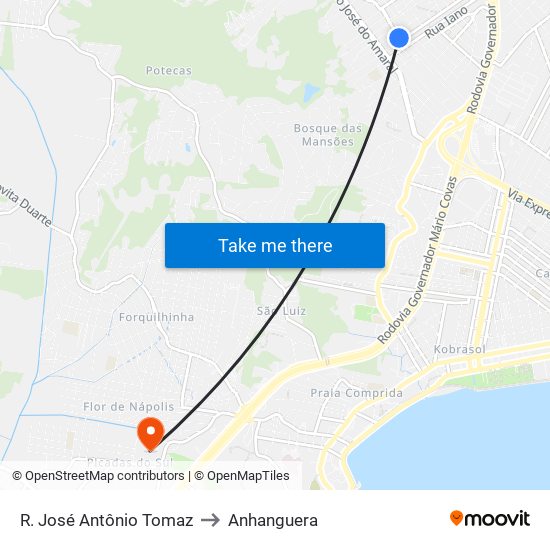 R. José Antônio Tomaz to Anhanguera map