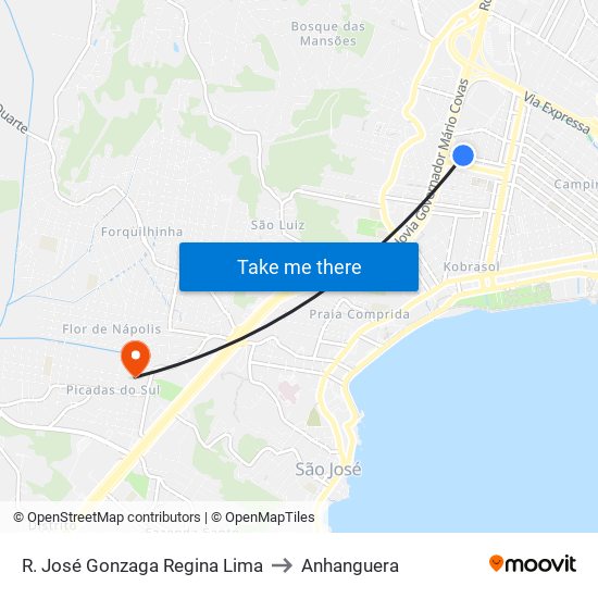 R. José Gonzaga Regina Lima to Anhanguera map