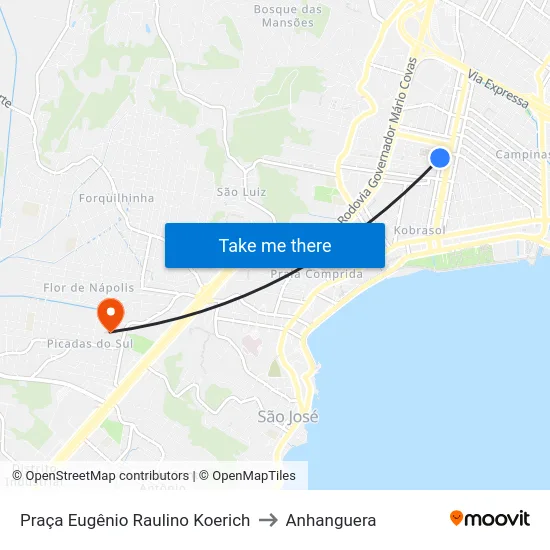 Praça Eugênio Raulino Koerich to Anhanguera map