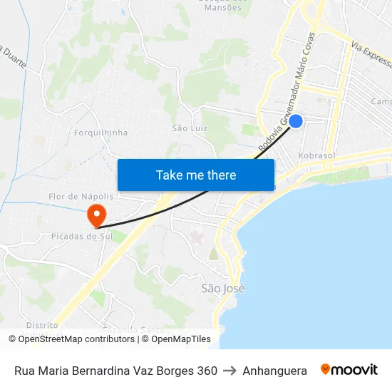 Rua Maria Bernardina Vaz Borges 360 to Anhanguera map