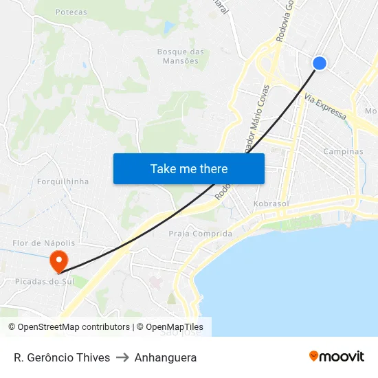 R. Gerôncio Thives to Anhanguera map