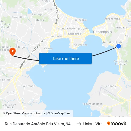 Rua Deputado Antônio Edu Vieira, 94 (001) to Unisul Virtual map