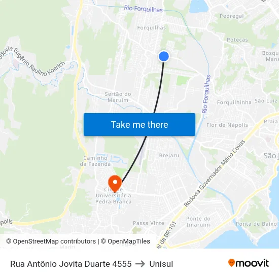 Rua Antônio Jovita Duarte 4555 to Unisul map