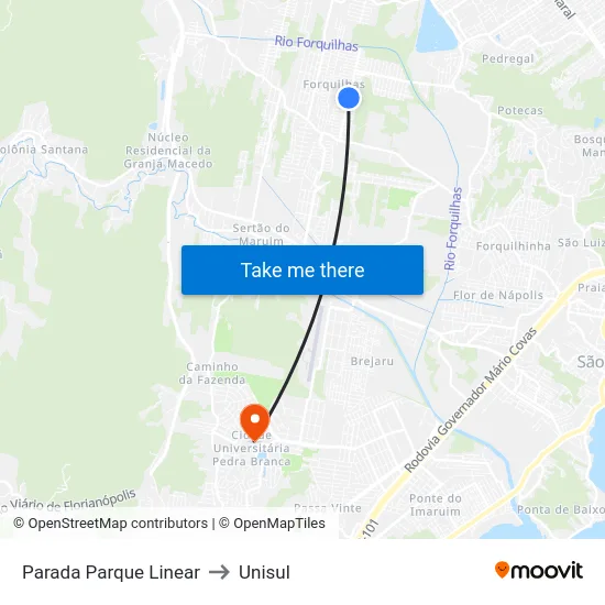 Parada Parque Linear to Unisul map