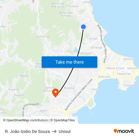 R. João Izidio De Souza to Unisul map