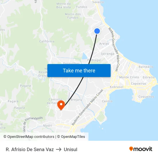 R. Afrísio De Sena Vaz to Unisul map