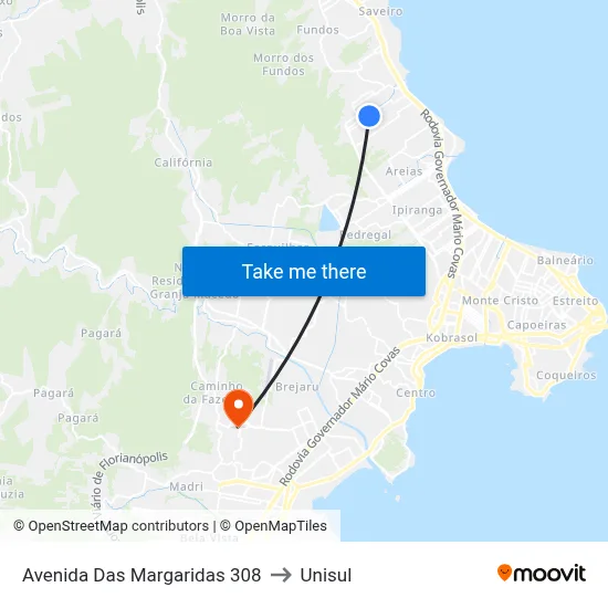 Avenida Das Margaridas 308 to Unisul map