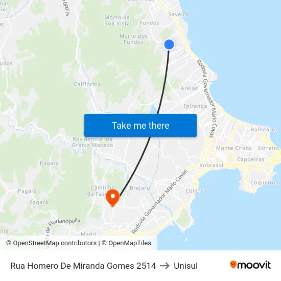 Rua Homero De Miranda Gomes 2514 to Unisul map