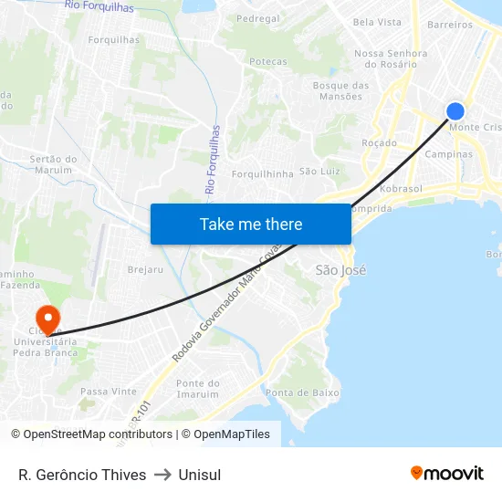 R. Gerôncio Thives to Unisul map