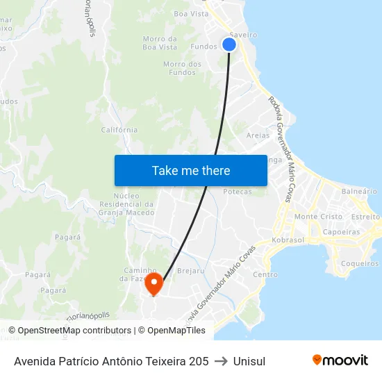 Avenida Patrício Antônio Teixeira 205 to Unisul map