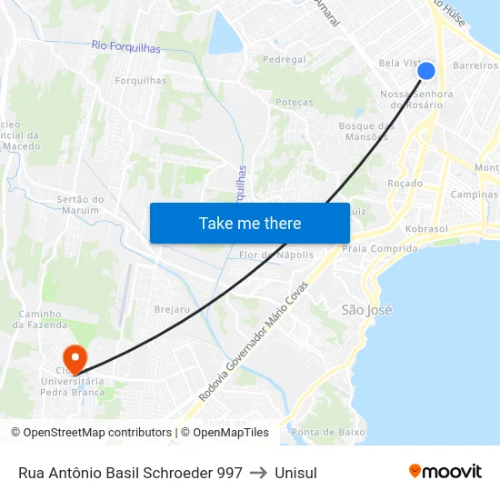 Rua Antônio Basil Schroeder 997 to Unisul map