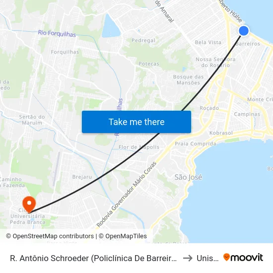 R. Antônio Schroeder (Policlínica De Barreiros) to Unisul map