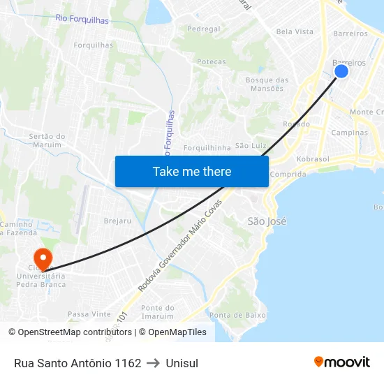 Rua Santo Antônio 1162 to Unisul map