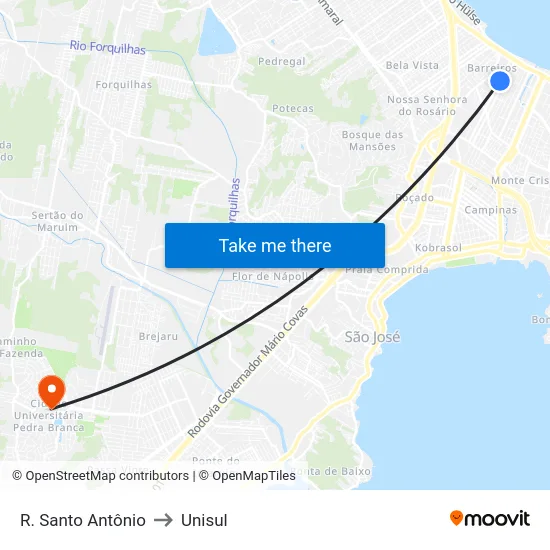 R. Santo Antônio to Unisul map