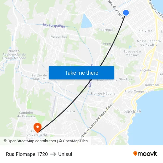 Rua Flomape 1720 to Unisul map