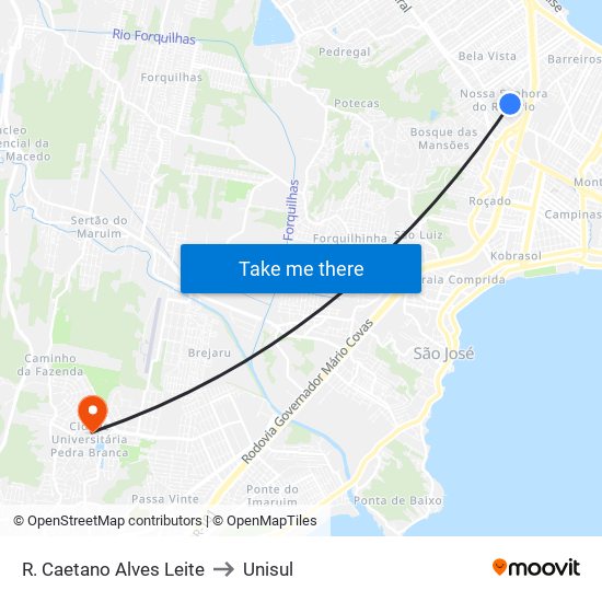 R. Caetano Alves Leite to Unisul map
