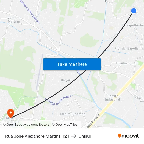 Rua José Alexandre Martins 121 to Unisul map