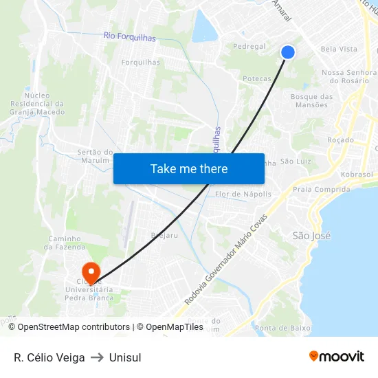 R. Célio Veiga to Unisul map