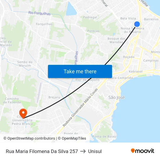 Rua Maria Filomena Da Silva 257 to Unisul map